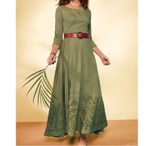 SOFT SURROUNDINGS Petite XS Olive Green summer maxi dress 100% cotton